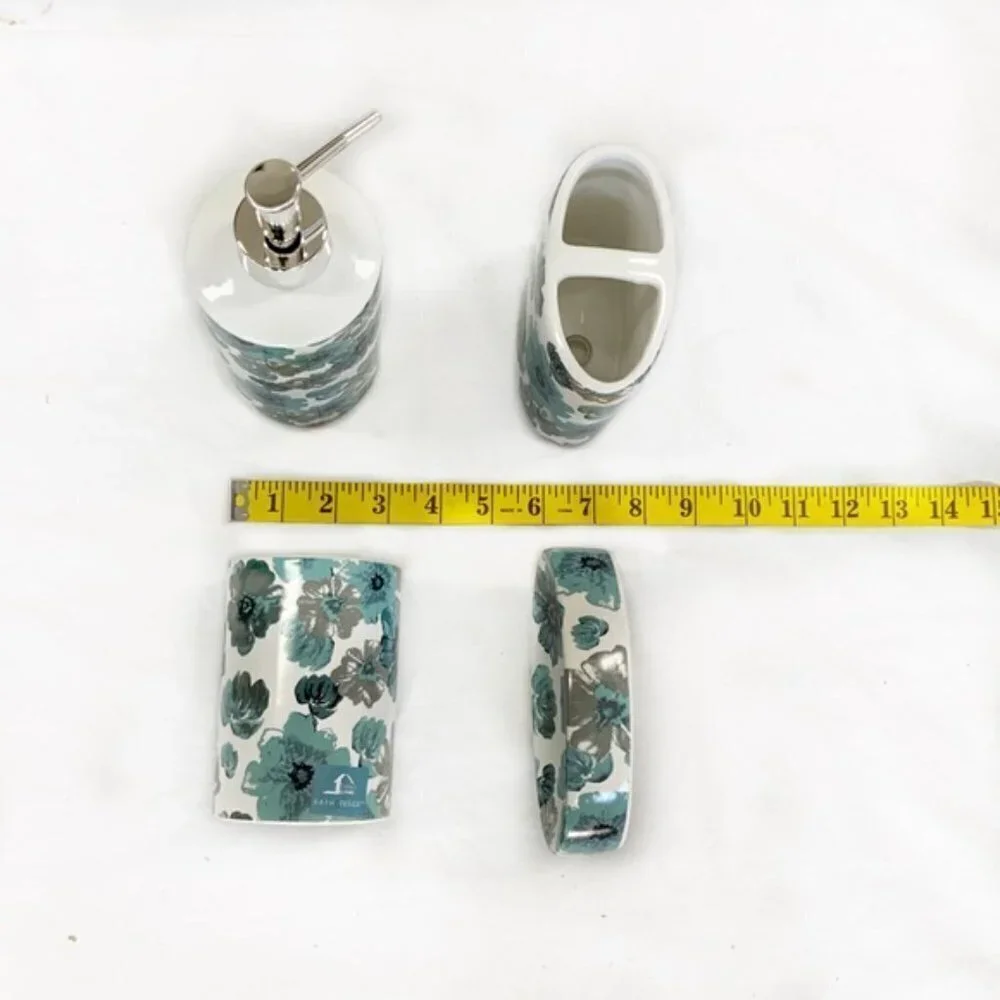 Floral Bath  Accessory Ceramic Set Sun Splash Collection White Blue 4 Piece Set
